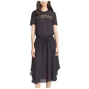 A.L.C. Navy Silk Drawstring Waist Midi Dress Black Lace Chest Panel elegant s 6